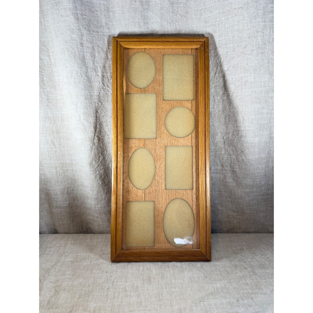 Vintage Oak Wood Multi Photo Collage Frame Glass 8 Openings 21.5x9.5 Light Brown